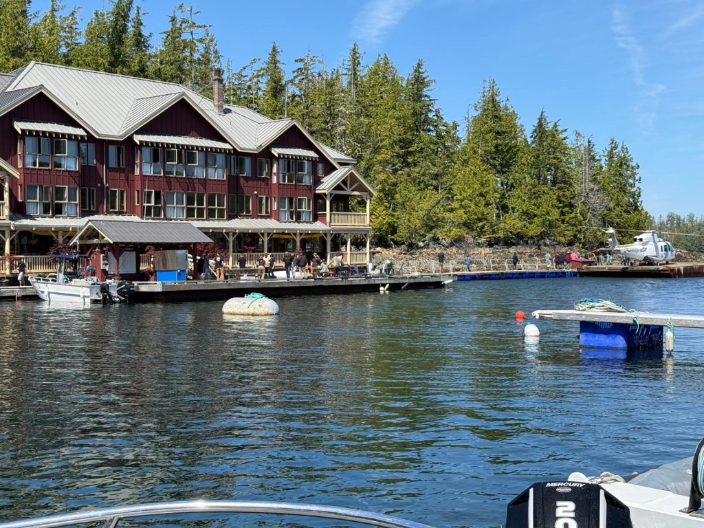 Waterfront lodge and marina surrounded by forest