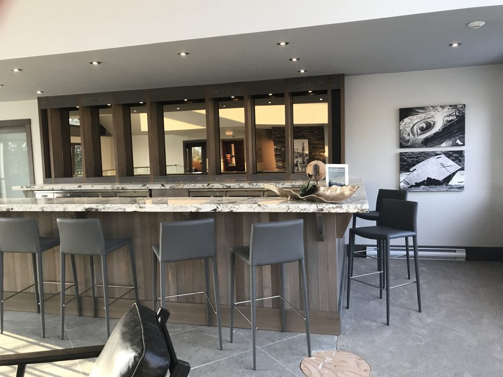 Custom modern bar with stone countertops and wood finishes